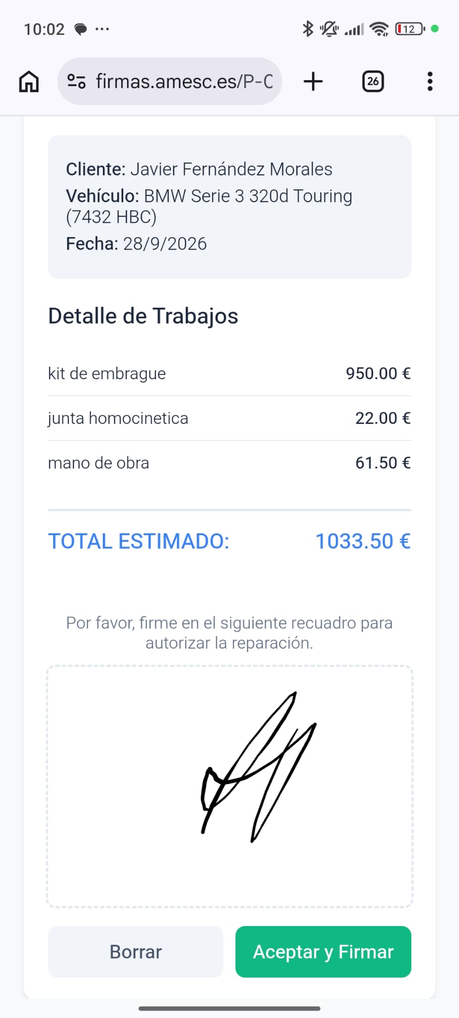 Presupuesto en Móvil para Firmar